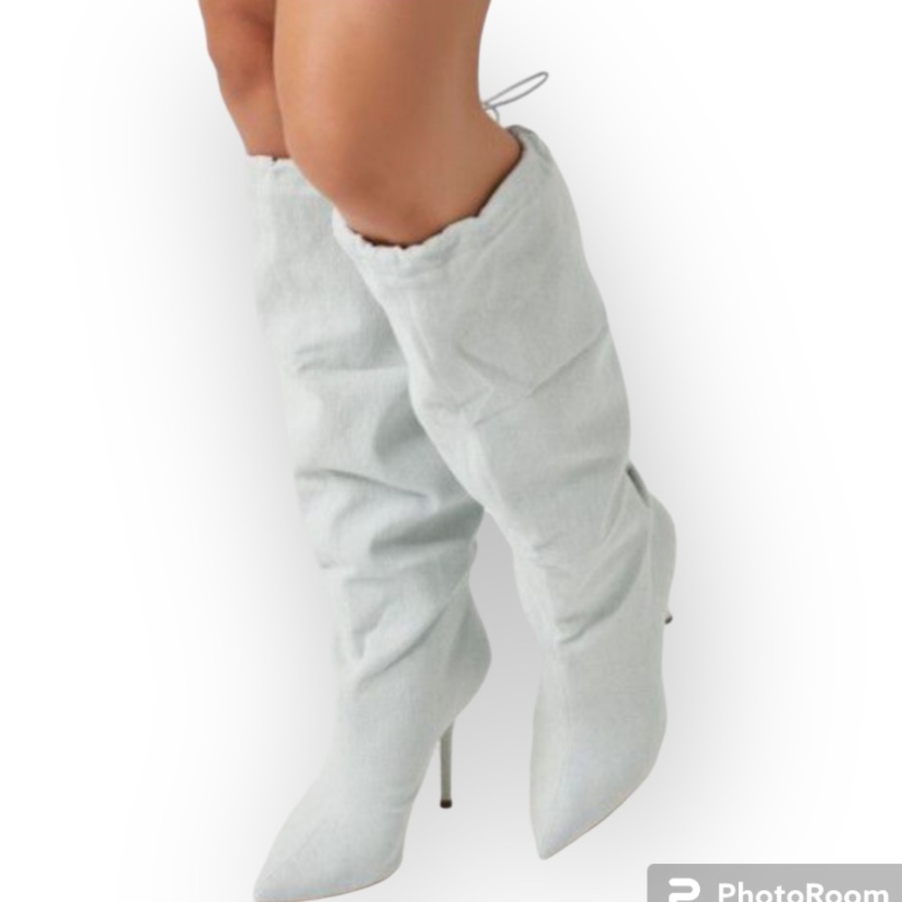 New Forever 21 Light Denim Stiletto Boots With Drawstring Accent